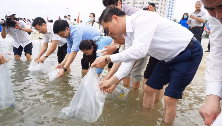 About 2.1 million aquatic breeds of various kinds were dropped by delegates and local people into Ha Long Bay.