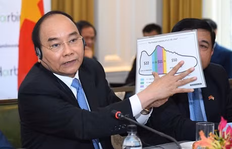 Prime Minister Nguyen Xuan Phuc uses the image of shoes to illustrate the profits of U.S. investors in Viet Nam when he attends a round-table talk on the Viet Nam-U.S. investment cooperation in New York in May, 2017.