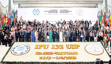 Delegates to the 132nd General Assembly of the Inter-Parliamentary Union (IPU) at the National Convention Centre in Ha Noi yesterday. The IPU's Standing Committee on Democracy and Human Rights approved a resolution on national sovereignty and non-interference in the internal affairs of a nation. — VNA Photo