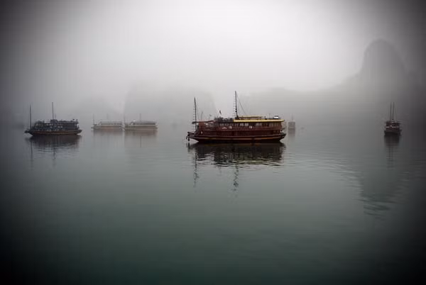 Tour boats moored in Ha Long Bay at dusk enjoy a serene seascape of limestone sculptures hewn by nature.This UNESCO World Heritage site is host to a diversity of ecosystems including sandy beaches, mangrove forests, and offshore coral reefs. Some of its roughly 1,600 islands and islets boast beautiful grottos with hidden ponds and unusual stone formations.