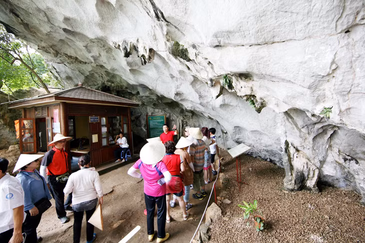 Tourists are provided with information about pre-Halong culture at the entrance of Me Cung cave.