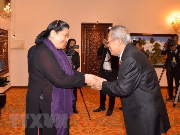Vietnamese NA Vice Chairwoman Tong Thi Phong (L) and First President of the Senate Nay Pena (Source: VNA)