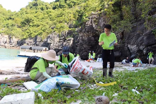 Volunteers collected rubbish in Ha Long Bay. (Photo: Hung Vo/Vietnam+)