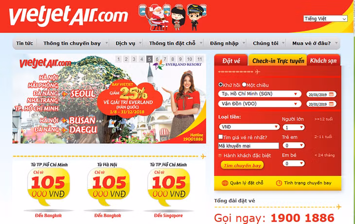 Tickets have been sold since Dec 18, with the price from 0 VND to 900,000 VND (excluding taxes and fees) on its website at www.vietjetair.com.