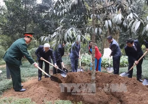 Party General Secretary Nguyen Phu Trong and officials plant a tree at Da Chong relic site (Source: VNA)