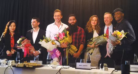 Star-studded: The crew of Kong: Skull Island pose for photo calls during their press conference in Ha Noi yesterday. The film will be shot in Quang Ninh, Quang Binh and Ninh Binh provinces over a five week period. — VNS Photo Minh Thu