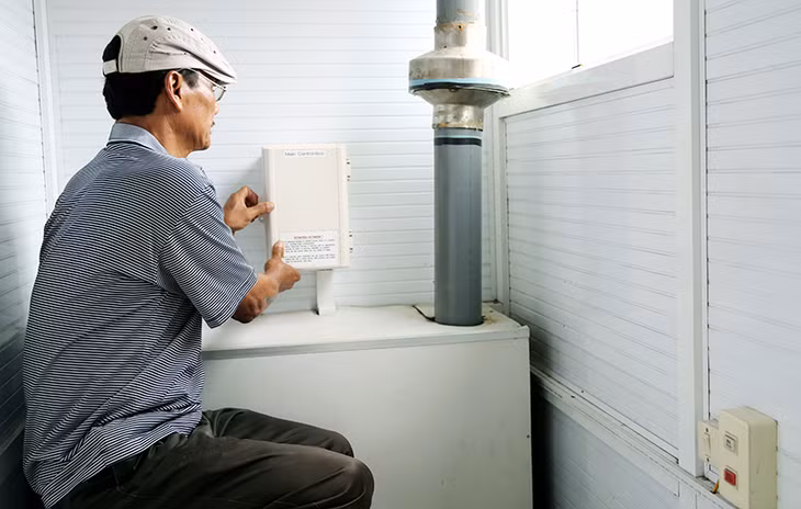 A resident in Van Don checks his household's bio-toilet.