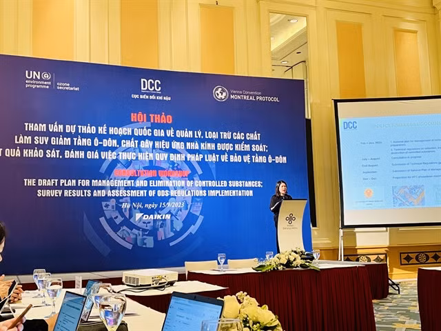 Nguyễn Đặng Thu Cúc, deputy head of the Greenhouse Gas Emissions and Ozone Layer Protection Office, delivers her speech at the consultant workshop on Friday morning in Hà Nội. — VNS Photo Nguyễn Hằng