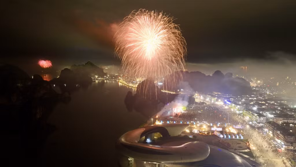 An aerial view of the New Year’s fireworks display over the beautiful Ha Long Bay.