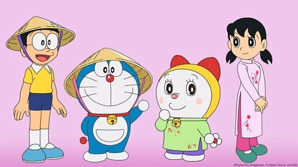 The characters are portrayed in traditional Vietnamese costumes, including the ao dai and conical hats.