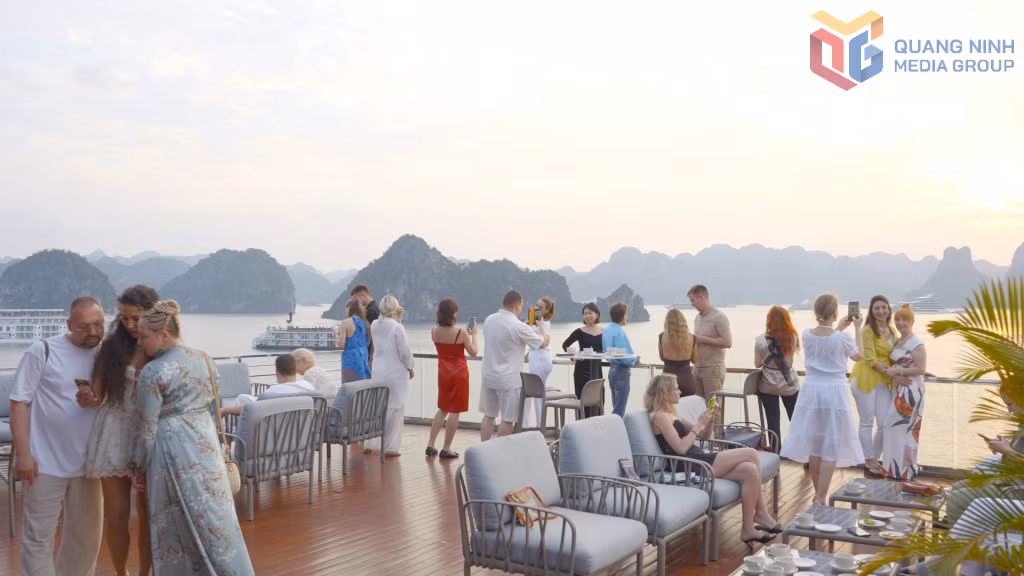 Russian visitors enjoy services aboard Grand Pioneers while exploring the heritage journey through Ha Long Bay and Bai Tu Long Bay.