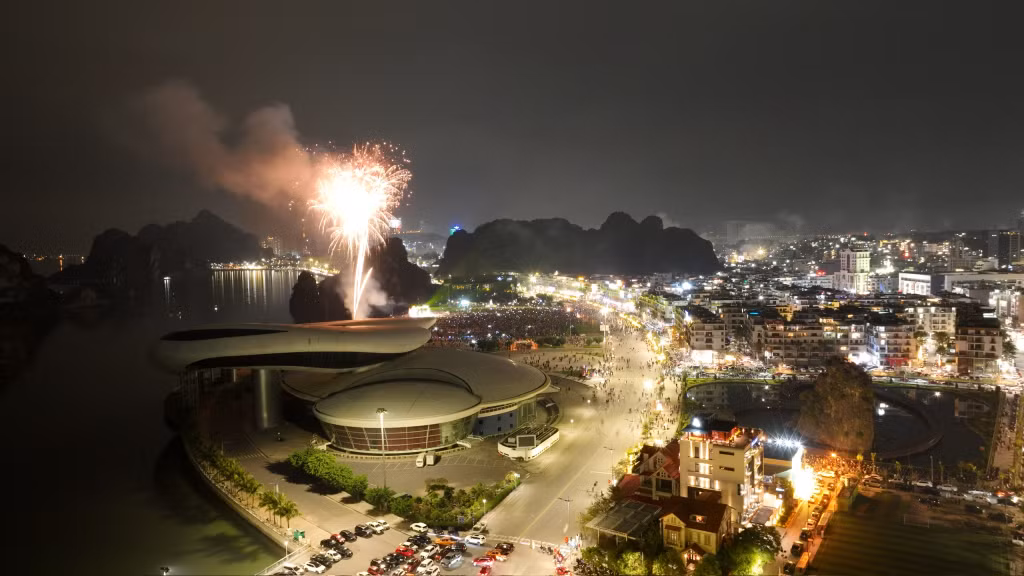 The fireworks display lasts for 15 minutes, commencing at the stroke of midnight.