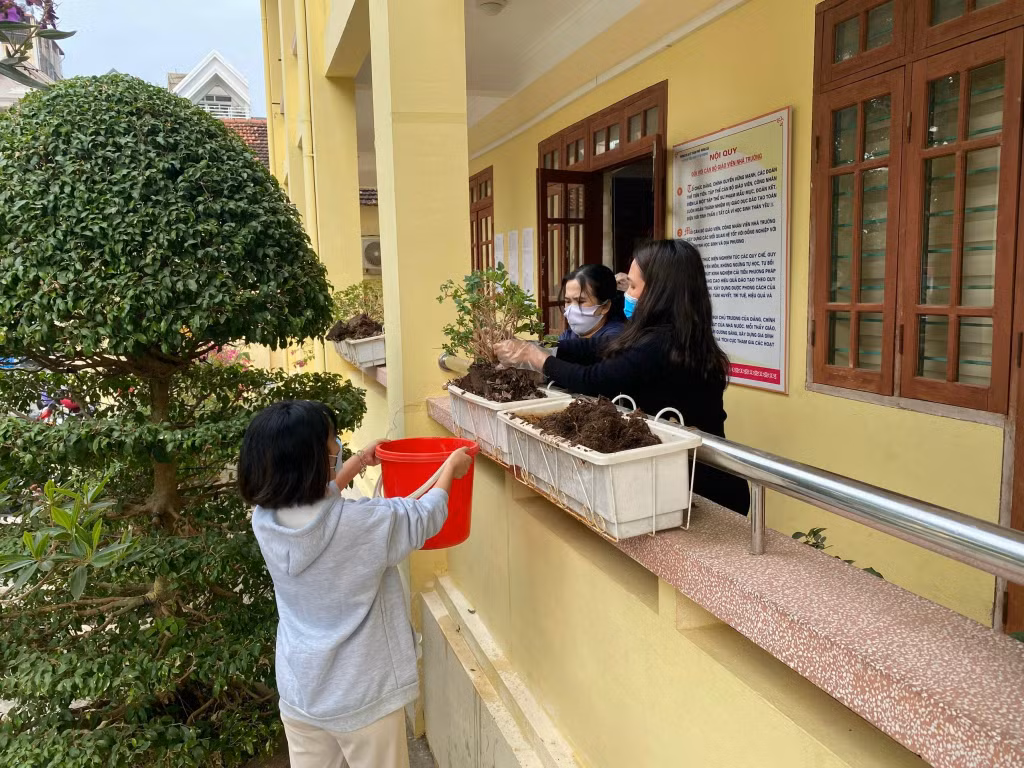 Ly Tu Trong Primary School's teachers take care of flowers and plants to maintain a green, clean and beautiful environment within school premises.