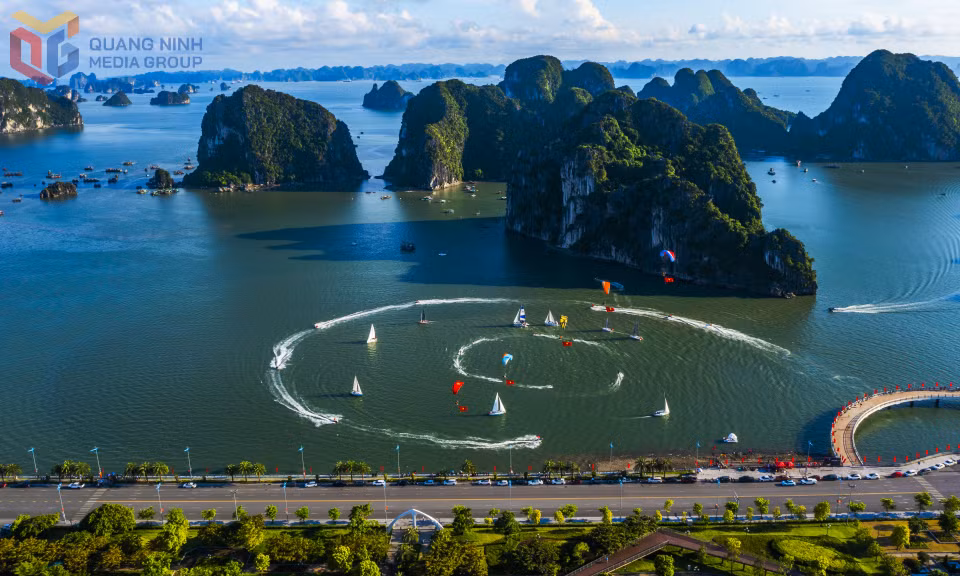 The coastal ring road and flower park along Ha Long Bay heritage site.