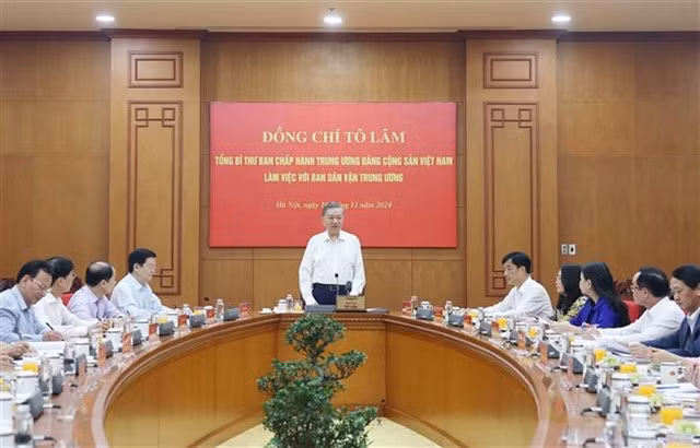 Party General Secretary Tô Lâm speaks at the working session with the Party Central Committee’s Mass Mobilisation Commission in Hà Nội on Monday. VNA/VNS Photo