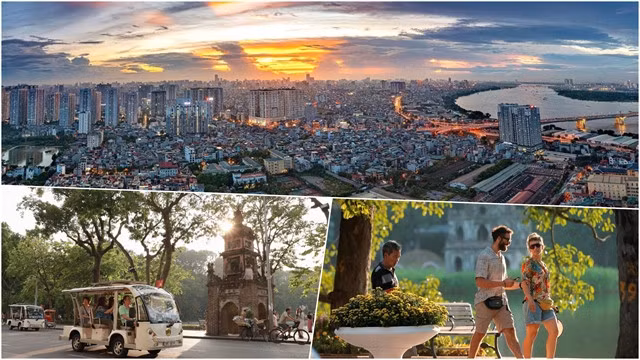Top: Sunset on the west of Hà Nội. Bottom: Tourists walk around Hoàn Kiếm Lake in central Hà Nội. The capital city attracted over 21 million tourists in the first nine months of the year, generating total revenue of VNĐ81.9 trillion (US$3.2 billion). — VNA/VNS Photo Huy Hùng