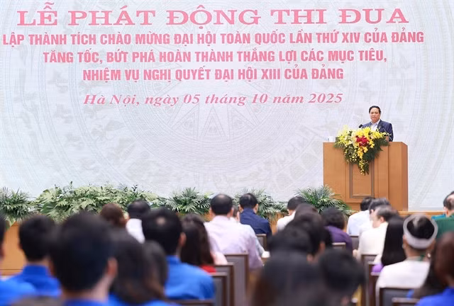 Prime Minister Phạm Minh Chính at the ceremony on October 5 in Hà Nội to launch emulation campaign to celebrate the 14th National Party Congress, the election of deputies to the 16th National Assembly and People’s Councils at all levels for the 2026–2031 tenures. — VNA/VNS Photo