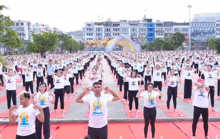 Participants perform the Common Yoga Protocol under the guidance of experts from the Embassy of India in Vietnam.