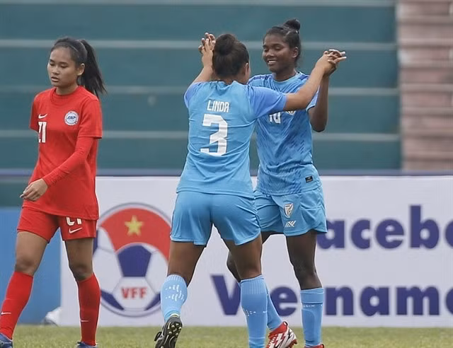 Indian players celebrate a goal during a 7-0 win against Singapore. Photo courtesy of the AFC