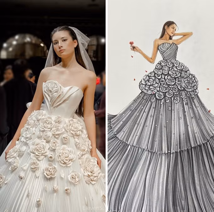 The rose wedding dress in the collection "Thuong" are made of the rare Lanh My A silk