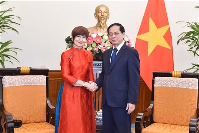 Minister of Foreign Affairs Bùi Thanh Sơn and President of the 42nd General Conference of UNESCO Simona-Mirela Miculescu. — VNA/VNS Photo