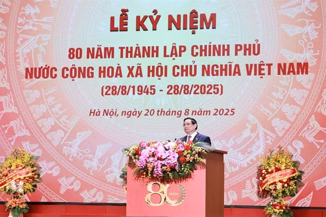 Prime Minister Phạm Minh Chính at the ceremony marking the 80th anniversary of the founding of the Government of the Socialist Republic of Việt Nam on August 20. - Photo courtesy of the Government Portal