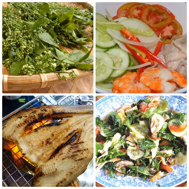 Ingredients of the salad include neem leaves, boiled pork bacon, grilled choke fish, shrimp and others. Photo