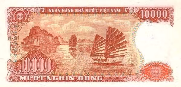 The red 10,000-dong banknote was issued in 1990 and reprinted in 1993.