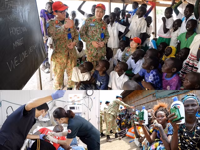 HELPING THE COMMUNITY: Việt Nam's Peacekeeping Forces have participated in operations in South Sudan, engaging in diverse activities ranging from teaching children to providing health check-ups. Photos courtesy of the Việt Nam Department of Peacekeeping Operations