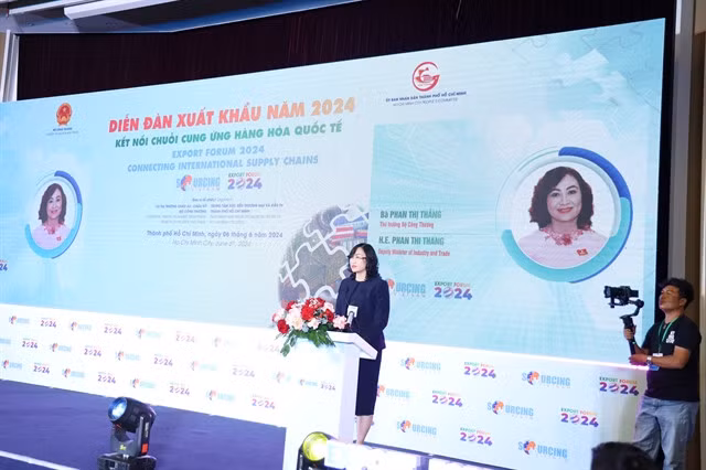 Deputy Minister of Industry and Trade Phan Thị Thắng speaks at the Export Forum on Connecting International Supply Chains in HCM City on June 6. — Photo courtesy of ITPC