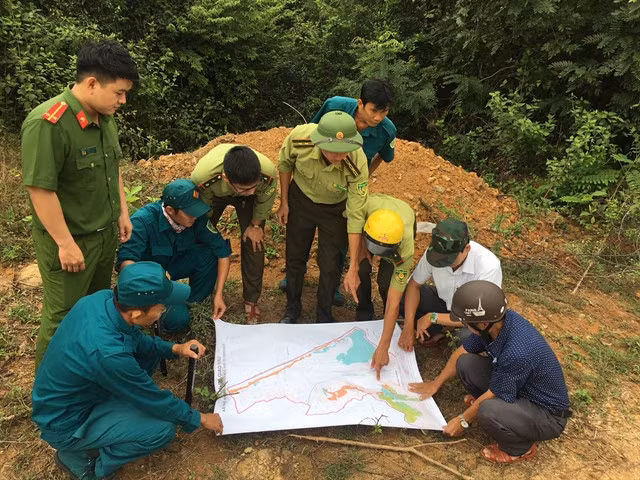 Local rangers, militia and police check map in a jungle patrol in Ba Tơ District in Quảng Ngãi Province. The central province plans to expand the primate conservation area. — Photo courtesy of Thế Anh