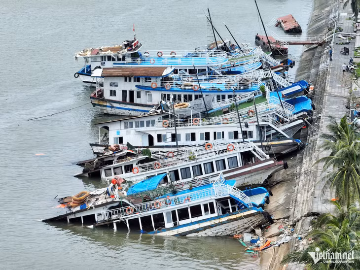 Many tour boats sank while moored at Tuan Chau port. Photo: Pham Cong