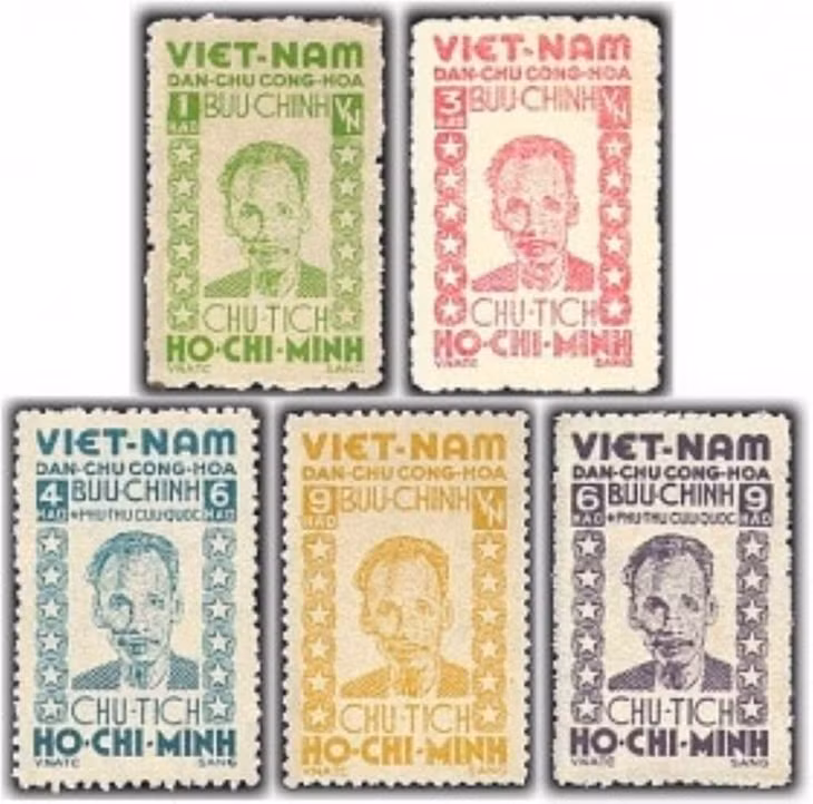 The stamp set "Commemorating the 1st Anniversary of August Revolution and the Founding Day of the Democratic Republic of Vietnam", issued on September 2, 1946.