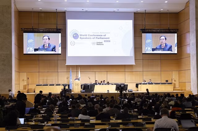 Chairman of the Vietnamese National Assembly Trần Thanh Mẫn addresses a general debate of the sixth World Conference of Speakers of Parliament in Geneva, Switzerland, on July 29. — VNA/VNS Photo Doãn Tấn