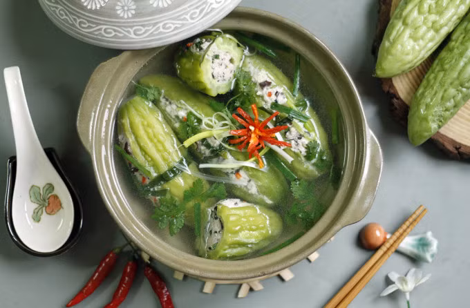 A bowl of stuffed bitter melon soup. Photo by VnExpress/Bui Thuy