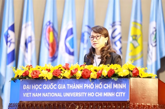 Nguyễn Thị Thanh Mai, vice chancellor of Việt Nam National University-HCM City, addresses the national scientific conference on biotechnology development strategy on November 29. — Photo courtesy of VNU-HCM