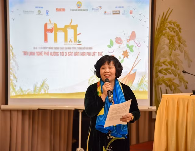 Chairwoman of the Nam Định Association of Gastronomic Culture Lê Thị Thiết speaks at a press conference about the upcoming Phở Festival. — Photo courtesy of organiser