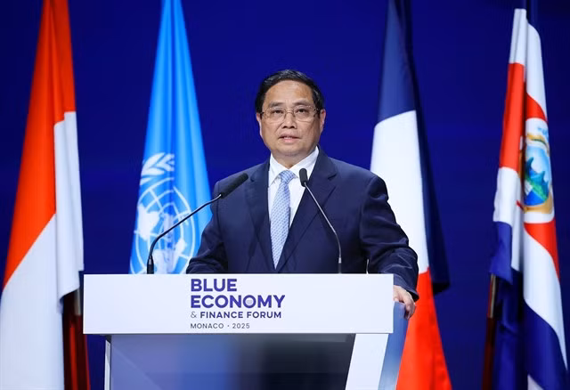 Prime Minister Phạm Minh Chính addresses the Blue Economy and Finance Forum 2025, a special event of the 2025 UN Ocean Conference, held in Monaco on June 8. — VNA/VNS Photo Dương Giang