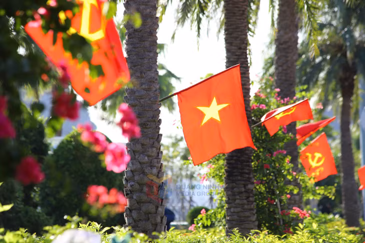 The brilliant flags and flowers create a striking highlight.