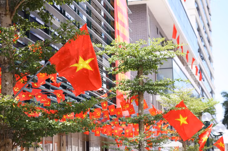 Party flags and national flags line an entire stretch of street.