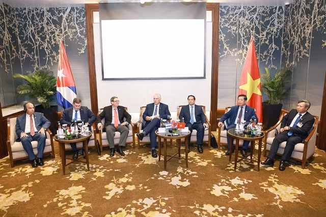 First Secretary of the Communist Party of Cuba (CPC) Central Committee and President of Cuba Miguel Díaz-Canel Bermúdez and Prime Minister Phạm Minh Chính in a meeting with Vietnamese businesses to boost bilateral trade and investment collaboration, as part of his state visit to Việt Nam. — VNA/VNS Photo