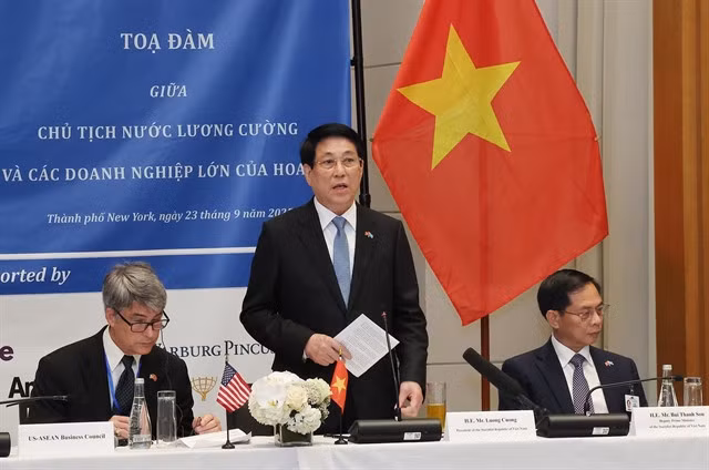 State President Lương Cường speaks at a discussion with US businesses in New York. — VNA/VNS Photo Lâm Khánh