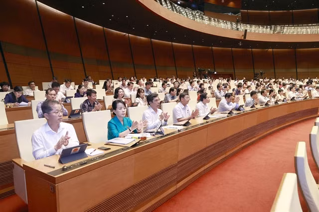 National Assembly deputies vote in favour of the Resolution on Thursday morning at the fifth session of the 15th National Assembly. — VNA/VNS Photo Doãn Tấn