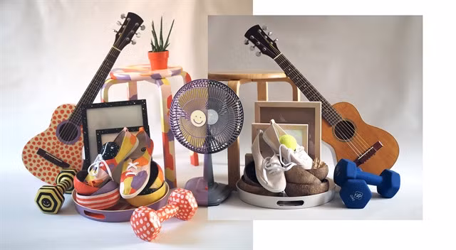 BEFORE AND AFTER: Home items are painted in bright colours and a playful style, which Sofia hopes will help people feel happy.