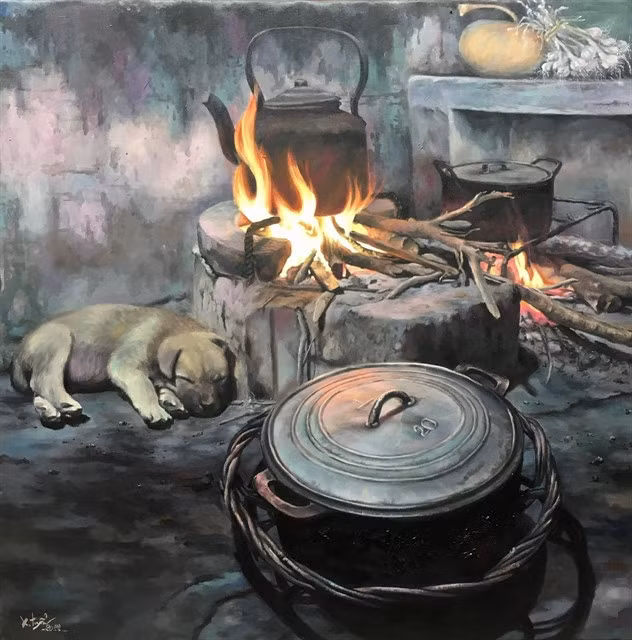 'No Ấm' (Full and Cosy) by Đỗ Xuân Tuyển. A regular object in Tuyển's paintings is the cast iron pot.