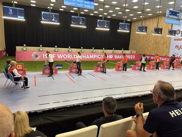 Trịnh Thu Vinh (third, left) competes in the world championship in August in Baku, Azerbaijan. She finishes fifth and qualifies for the Paris Olympics Games 2024. Photo VSF