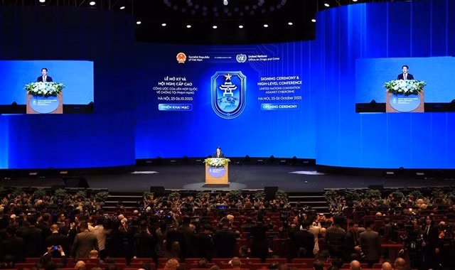 President Lương Cường delivers opening remarks at the signing ceremony of the UN Convention against Cybercrime, also known as the Hanoi Convention, on October 25.