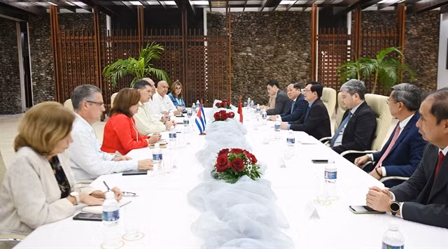 Deputy Prime Minister Hồ Quốc Dũng holds talks with Cuban Deputy Prime Minister and Minister of Foreign Trade and Foreign Investment Óscar Pérez-Oliva Fraga. VNA/VNS Photo Việt Hùng