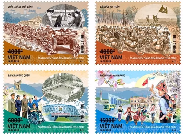 The stamp set 'Celebrating the 70th Anniversary of the Điện Biên Phủ Victory' includes four designs to create a story of Điện Biên Province from the heroic past to the bright future. Photo courtesy of Việt Nam Post Corporation