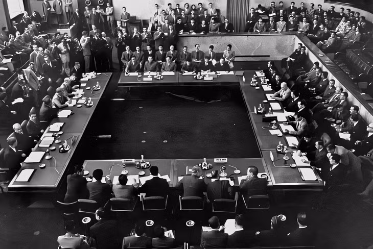 The Geneva Convention in July 1954, where leaders of many countries agreed to reestablish peace in Indochina, ending nine years of the French dominating northern Vietnam. Photo courtesy of the Dien Bien Phu Victory Museum